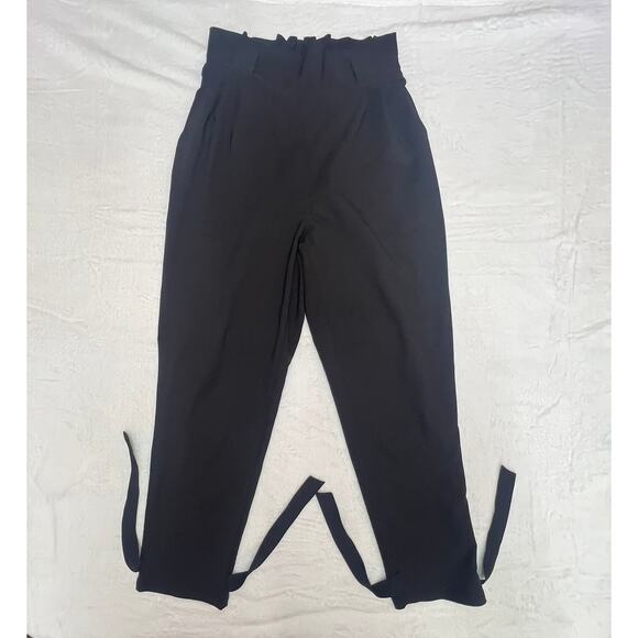 Grace Karin Black Paperbag Dress Pants Size L Bow Cuffs Ruched‎ Waist Stretchy - Picture 3 of 10